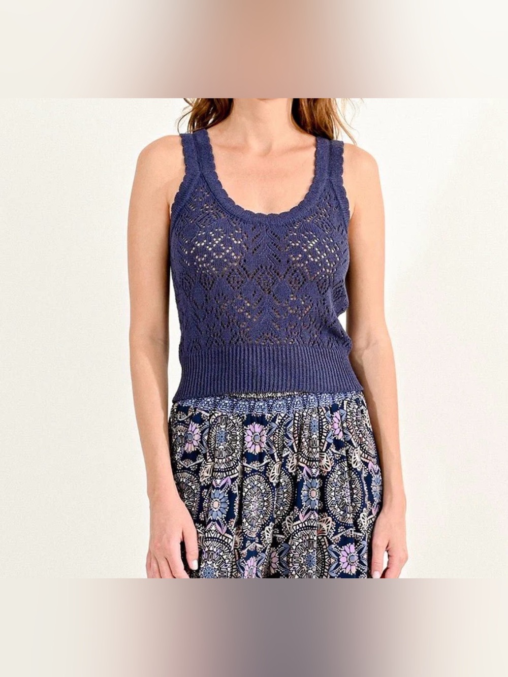 Molly Bracken Navy Crochet Knit Tank Top